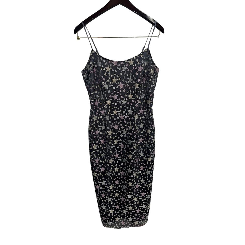 Bebe Black Metallic Star Embroidered Lace Midi Slip Dress Size 6